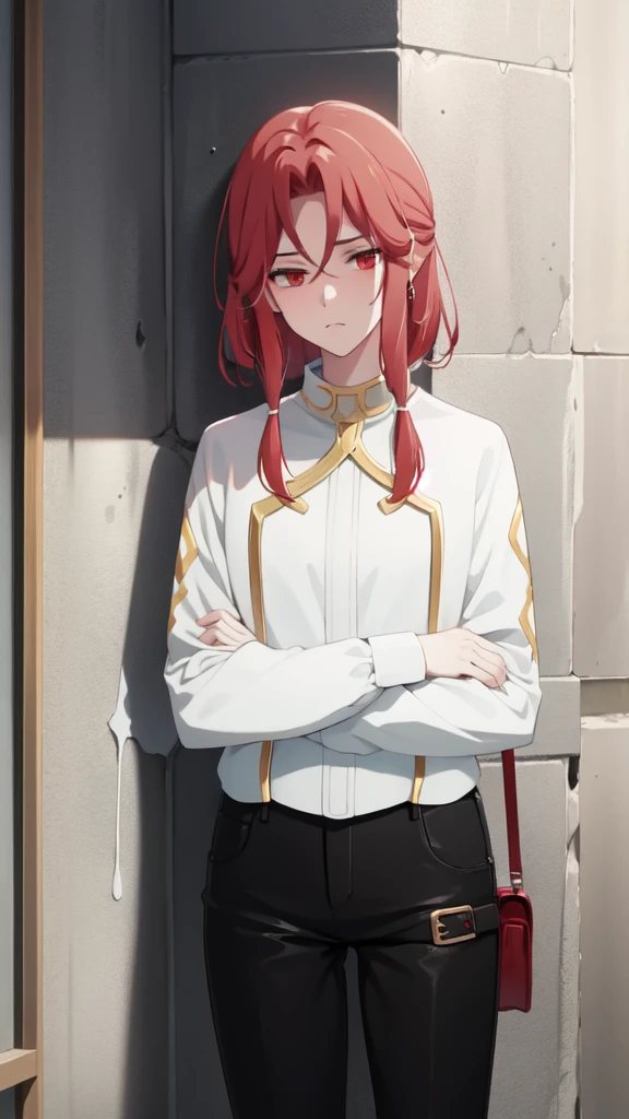 Sad woman with red hair and red eyes, white shirt, black pants, leaning against the wall in the rain