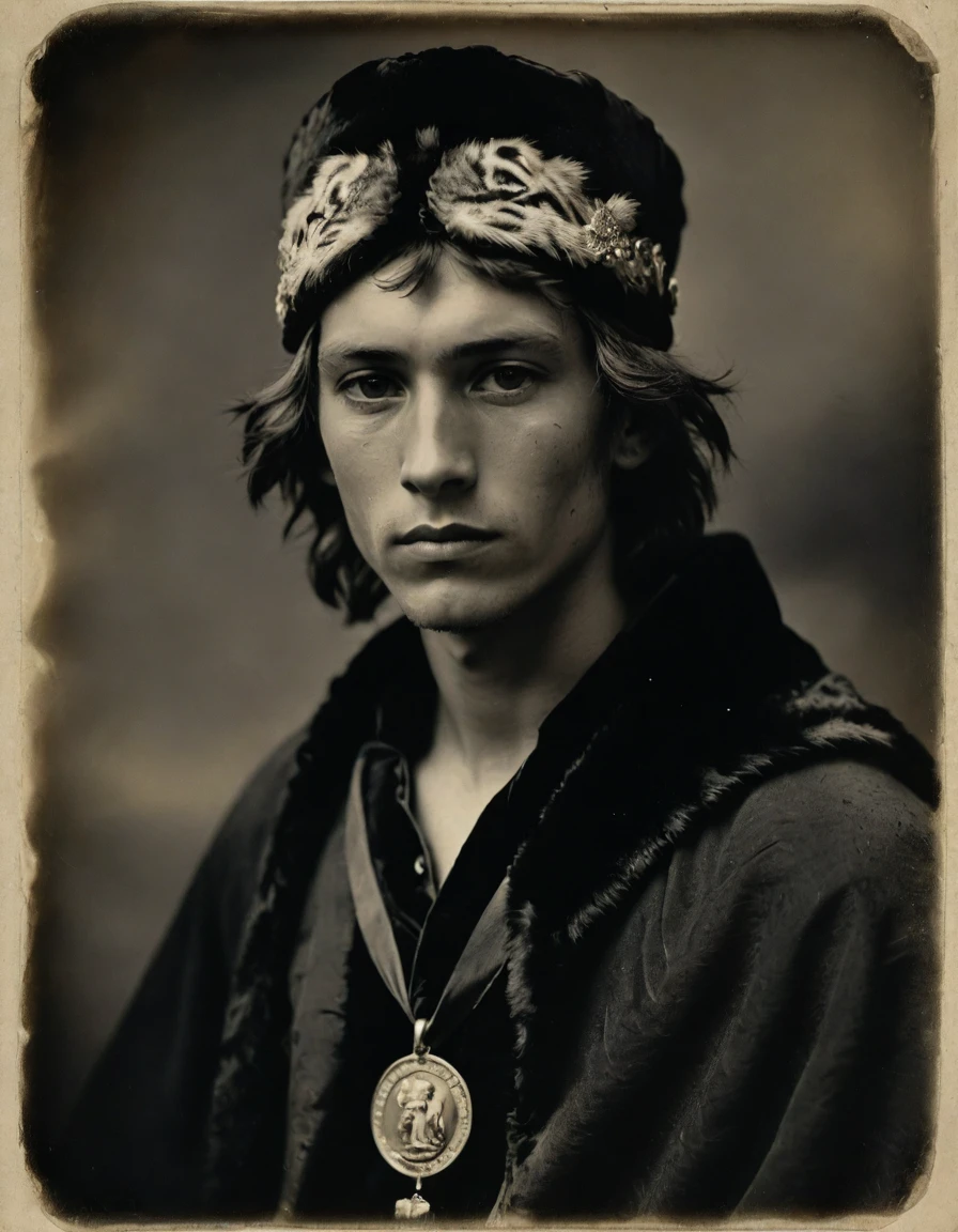 by Moebius, by Théodore Géricault, ((((Rough monochrome, daguerreotype on old paper,male focus)))), the composition is: (((a 15 year old male Russian brigand, sullen, muscular, facing viewer. He is wearing a tiger fur hat. He is wearing a black caftan with Praetorian elements, sashes, medals, diamond shape pendants)))