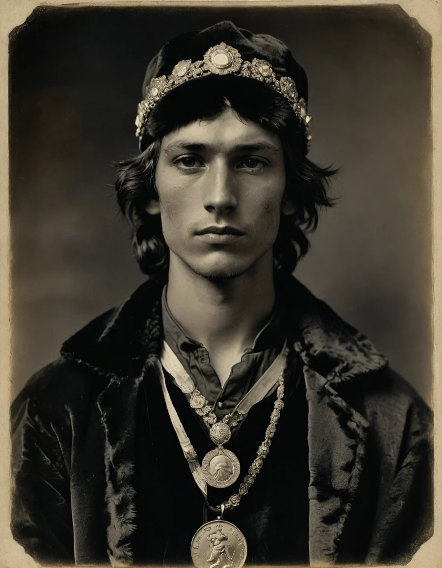 by Moebius, by Théodore Géricault, ((((Rough monochrome, daguerreotype on old paper,male focus)))), the composition is: (((a 15 year old male Russian brigand, sullen, muscular, facing viewer. He is wearing a tiger fur hat. He is wearing a black caftan with Praetorian elements, sashes, medals, diamond shape pendants)))