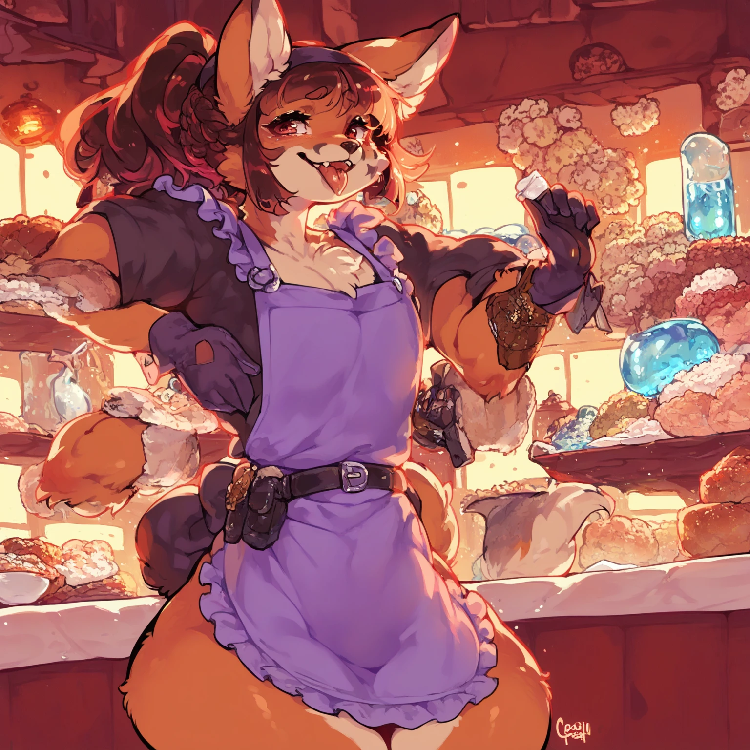 Character Description:

Gender: Female (or femboy)
Species: Anthropomorphic fox (furry)
Eyes: Pink
Pose/Expression: Blep (tongue slightly sticking out)
Appearance:

Fur Color: Purple
Outfit:
Brown pants
White t-shirt
Blacksmith attire (e.g., apron, gloves, tool belt)
Role/Setting:

Occupation: Blacksmith
Theme: Fantasy adventurer
Art Style: CoffeeSoda
Additional Details:

Platform Reference: e621
Purpose: Official character art
