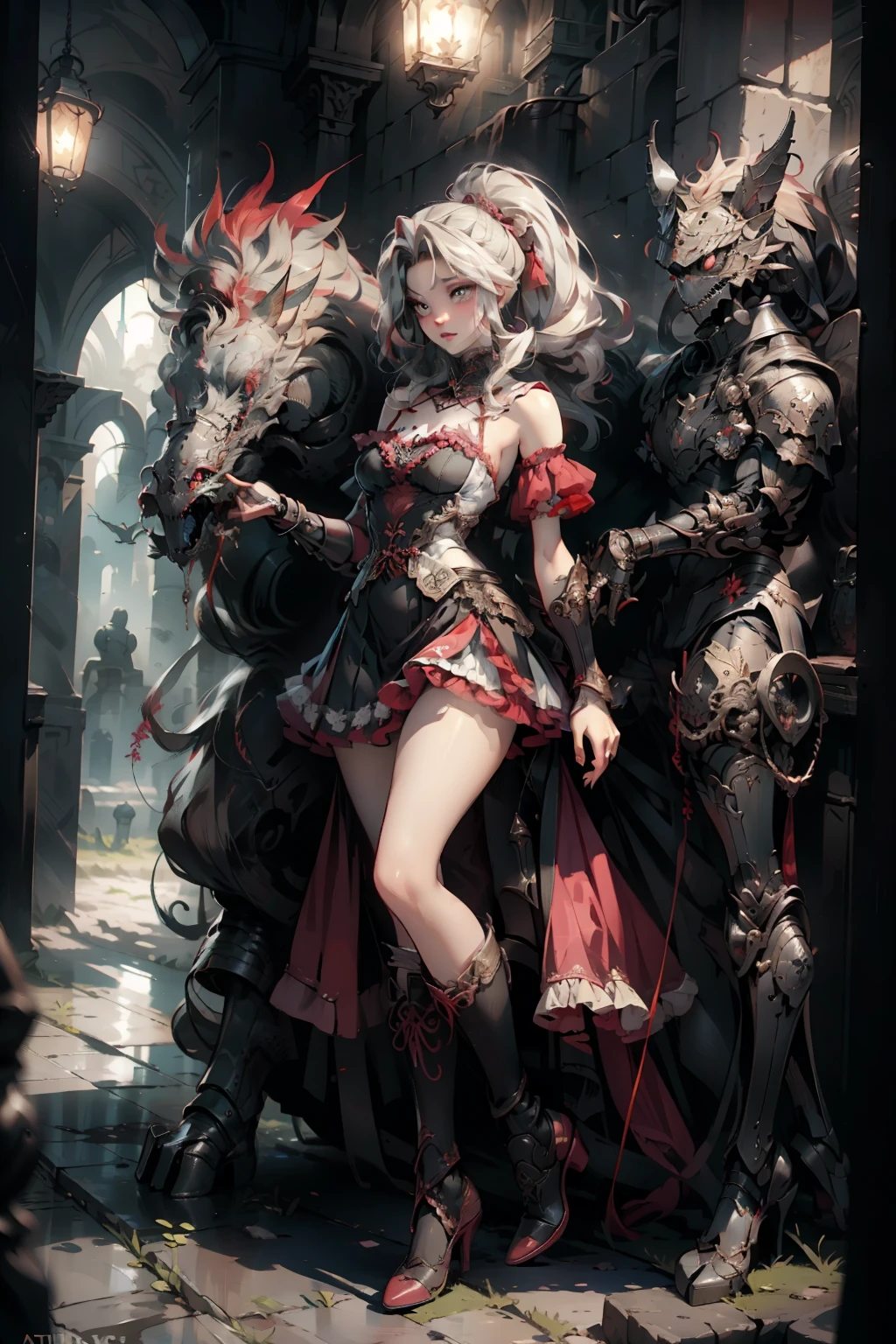  ((best quality)), ((masterpiece)), (detailed), very skinny, prominent collarbones, skinny arms, flat stomach, visible hip bones, red and white clothing, Bloodborne inspired, occult aesthetic, occult, detailed and intricate steampunk and detailed gothic, NSFW, Very dramatic and cinematic lighting, cosmic horror, grim-dark, side-lighting, perfect face, NSFW, Fluttering lace flared long knee length dress with frilly petticoats, knee length dress, pleated petticoats, lolita dress, petticoats gothic lolita, complex lace boots, side-lighting, gothic lolita aesthetic, wielding a mighty sword with mechanical components, carbine, NSFW, beautiful small breasts, small breasts, full body, whole body, body, NSFW, full body, whole body, head-to-toe NSFW 