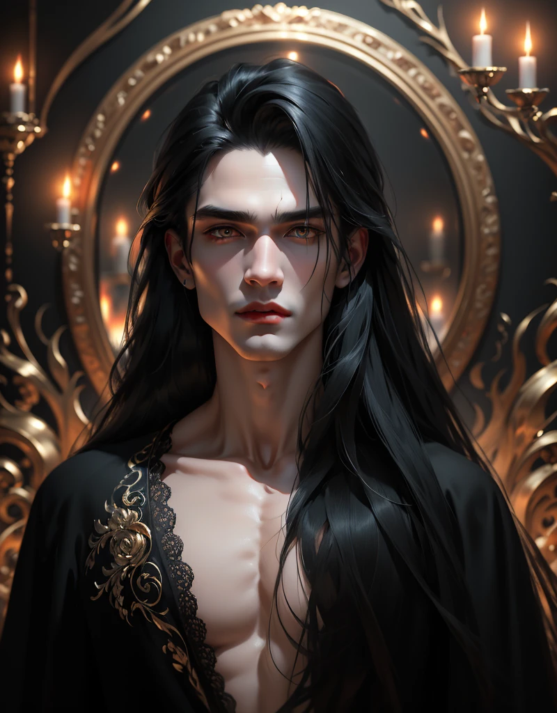 {anatomy}(Masterpiece - Ultra-detailed, very high resolution) Prepare to be enchanted by a true masterpiece that combines ultra-detailed art with high-resolution rendering. This work portrays a man with long black hair (1.3) and captivating golden eyes (1.2), emanating an aura of mystery in decadent settings. The intricate details and realistic textures invite you to explore every aspect of this enchanting composition. man in black clothes. Closed face. Red lips. white skin like a vampire.