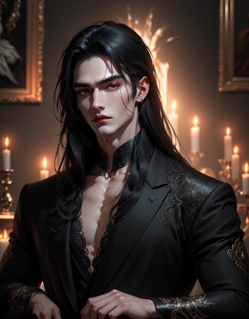 {anatomy}(Masterpiece - Ultra-detailed, very high resolution) Prepare to be enchanted by a true masterpiece that combines ultra-detailed art with high-resolution rendering. This work portrays a man with long black hair (1.3) and captivating golden eyes (1.2), emanating an aura of mystery in decadent settings. The intricate details and realistic textures invite you to explore every aspect of this enchanting composition. man in black clothes. Closed face. Red lips. white skin like a vampire.