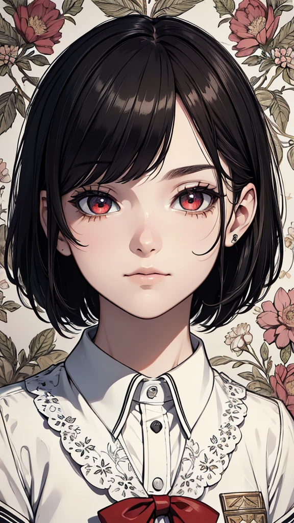 (hyperrealistic), (8K), (extremely detailed), (best illustration), (beautiful detailed eyes), (best quality), (ultra-detailed), (masterpiece), (wallpaper), (detailed face), solo, (school uniform:1.2), looking at the audience, exquisite details, short black hair, red eyes