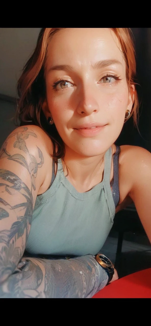 (masterpiece, best quality, ultra-detailed, highres, 4k),(beautiful detailed eyes),(very detailed face),(1girl),HDR,long hair, shorts, phone, brown eyes, brown hair, cellphone, bracelet, tank top, jewelry, watch, lips, solo focus, nail polish, blurry background, smile, wristwatch, realistic, blurry, looking at viewer