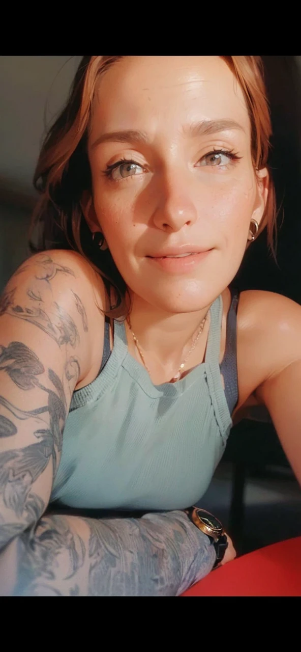 (masterpiece, best quality, ultra-detailed, highres, 4k),(beautiful detailed eyes),(very detailed face),(1girl),HDR,long hair, shorts, phone, brown eyes, brown hair, cellphone, bracelet, tank top, jewelry, watch, lips, solo focus, nail polish, blurry background, smile, wristwatch, realistic, blurry, looking at viewer