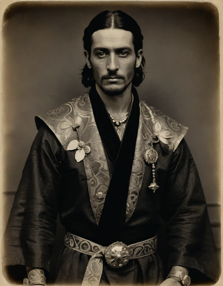 by Moebius, by Théodore Géricault, (((Rough monochrome, daguerreotype on old paper, male focus))), the composition is: (((((a 30 year old Italian male, dignified, facing viewer, snake eye pupils. Tattoos, His face is tattooed. He is wearing an embroidered silken robe with Mughal elements, sashes, moth medals, pauldrons, diamond shape symbology, moth symbology, jungle background, moth)))))
