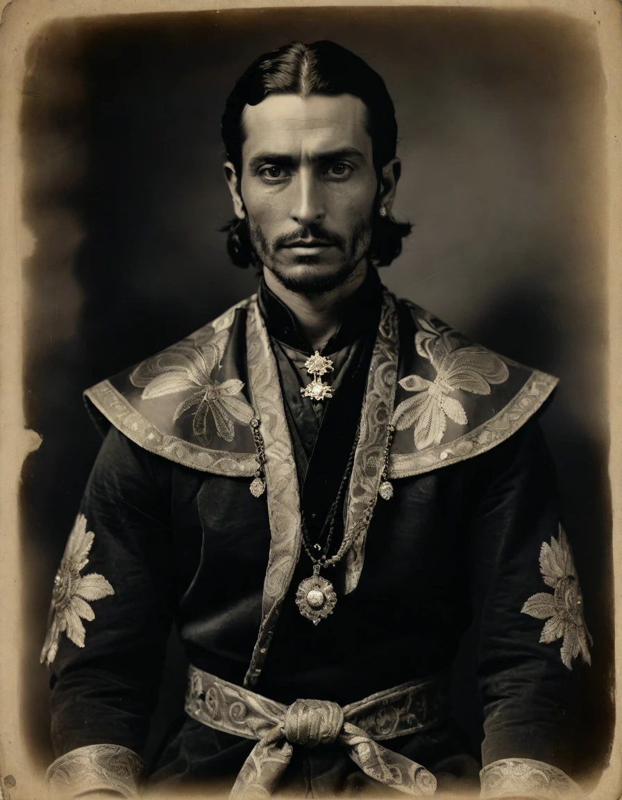 by Moebius, by Théodore Géricault, (((Rough monochrome, daguerreotype on old paper, male focus))), the composition is: (((((a 30 year old Italian male, dignified, facing viewer, snake eye pupils. Tattoos, His face is tattooed. He is wearing an embroidered silken robe with Mughal elements, sashes, moth medals, pauldrons, diamond shape symbology, moth symbology, jungle background, moth)))))
