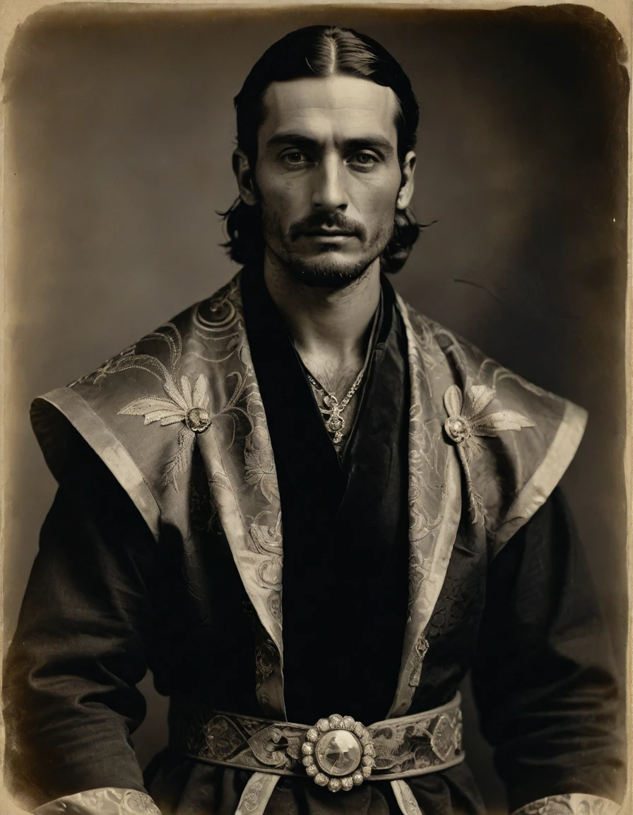by Moebius, by Théodore Géricault, (((Rough monochrome, daguerreotype on old paper, male focus))), the composition is: (((((a 30 year old Italian male, dignified, facing viewer, snake eye pupils. Tattoos, His face is tattooed. He is wearing an embroidered silken robe with Mughal elements, sashes, moth medals, pauldrons, diamond shape symbology, moth symbology, jungle background, moth)))))
