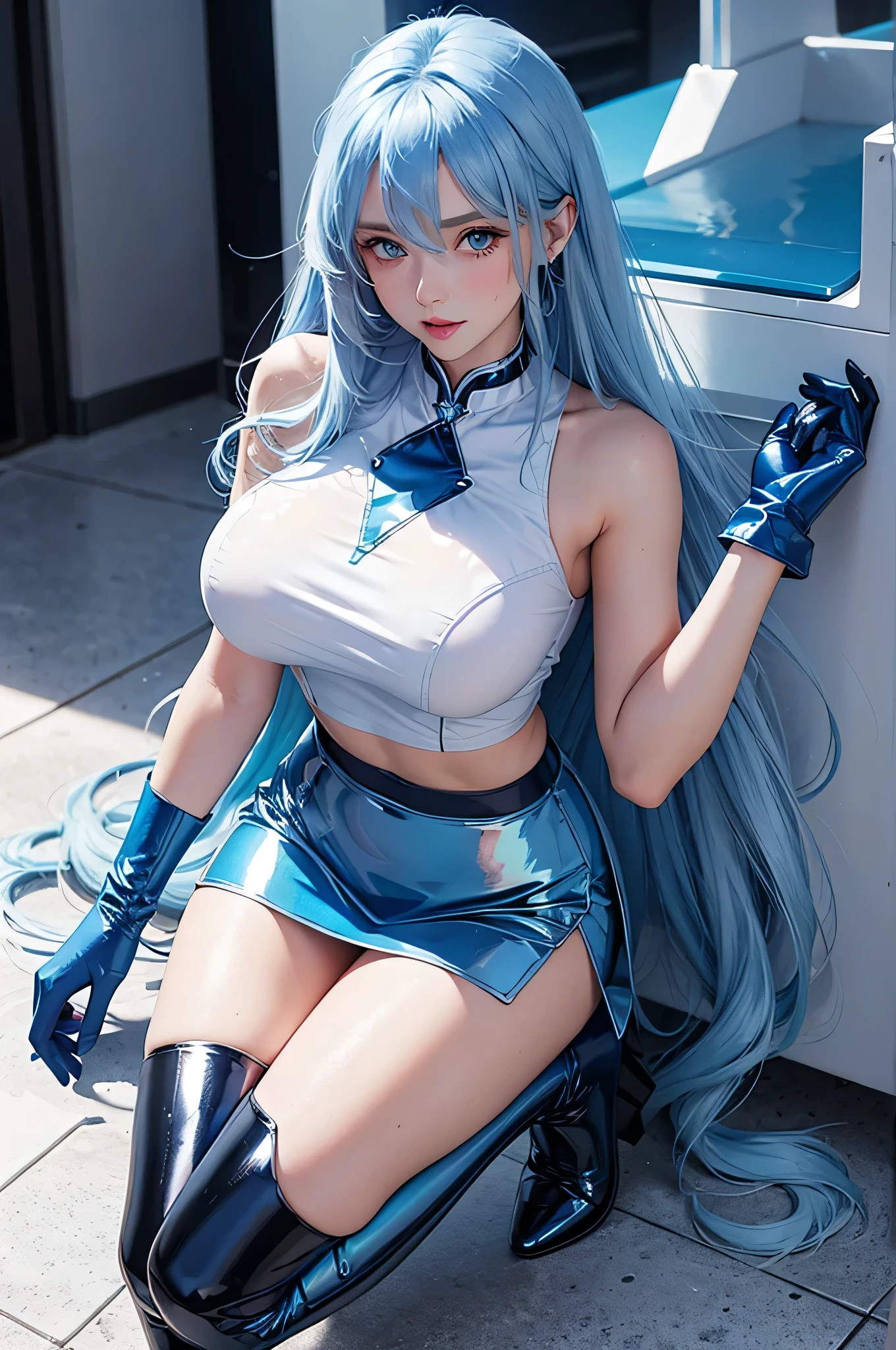 Full body, beatiful blue eyes, blush, cute face, (1 cute woman, solo: 1.1), very big breasts, long blue hair, shiny blue crop top, shiny blue skirt, shiny blue gloves, shiny blue heel boots