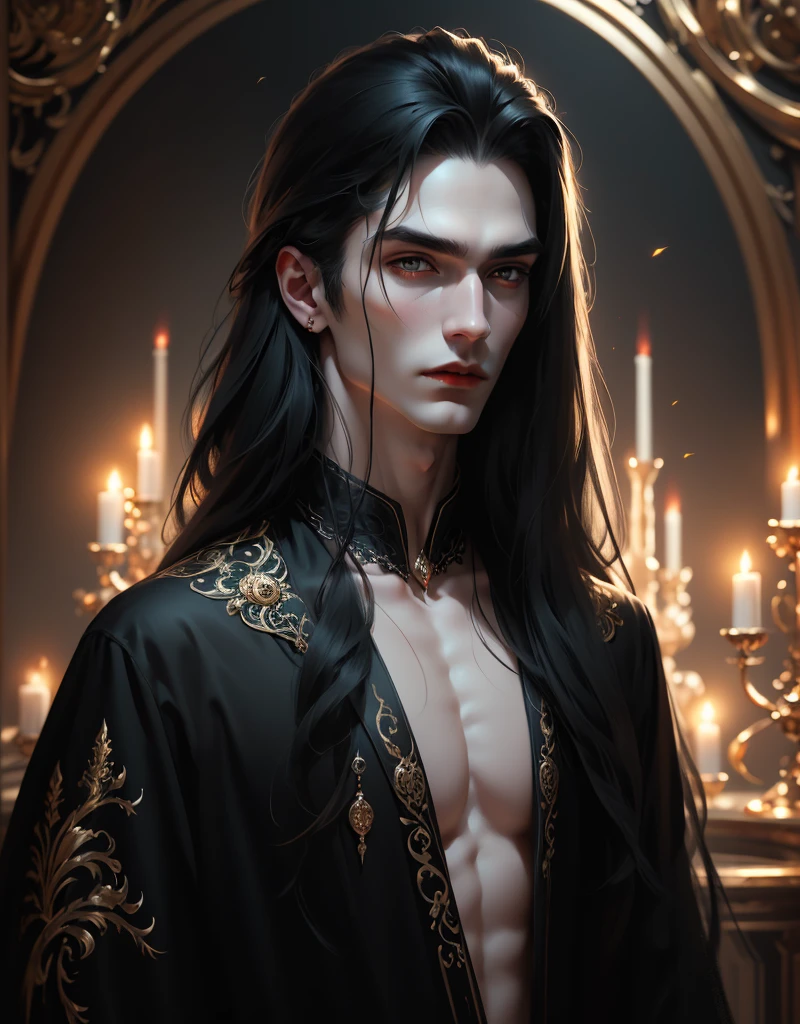 {anatomy}(Masterpiece - Ultra-detailed, very high resolution) Prepare to be enchanted by a true masterpiece that combines ultra-detailed art with high-resolution rendering. This work portrays a man with long black hair (1.3) and captivating golden eyes (1.2), emanating an aura of mystery in decadent settings. The intricate details and realistic textures invite you to explore every aspect of this enchanting composition. man in black clothes. Closed face. Red lips. white skin like a vampire.