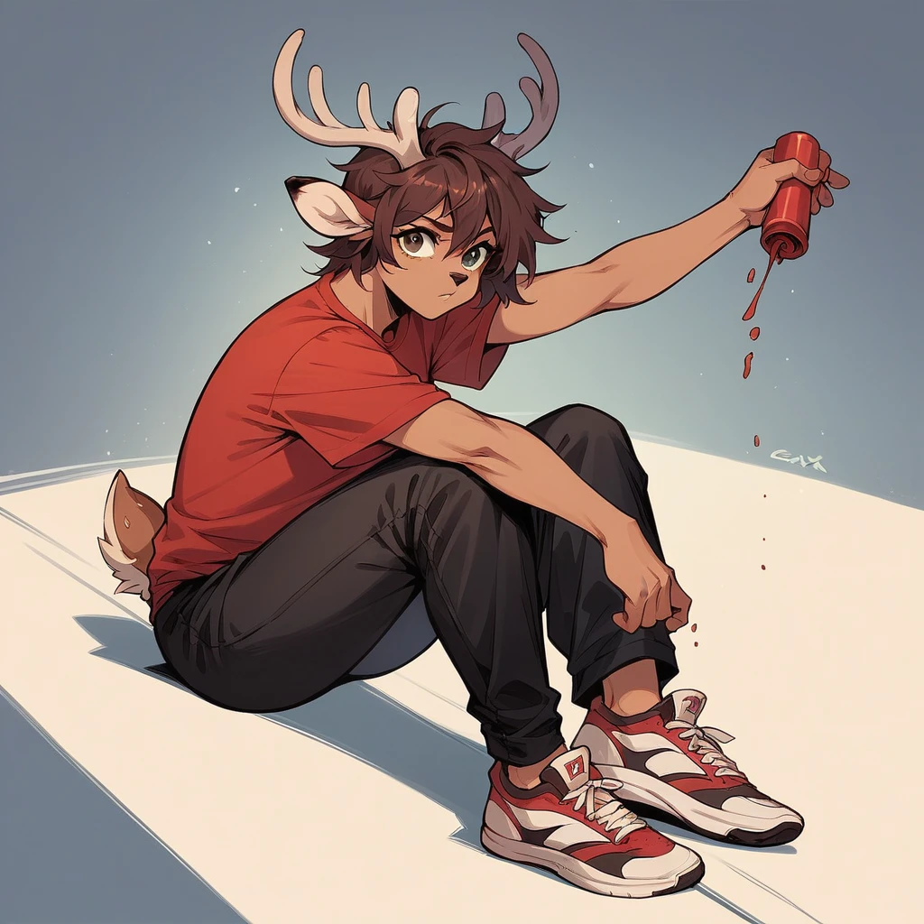 Sexy , Solo female, messy red hair with black tips, brown eyes, deer horns, brown deer ears, red shirt, white t-shirt , black pants, sneakers, holding an ax