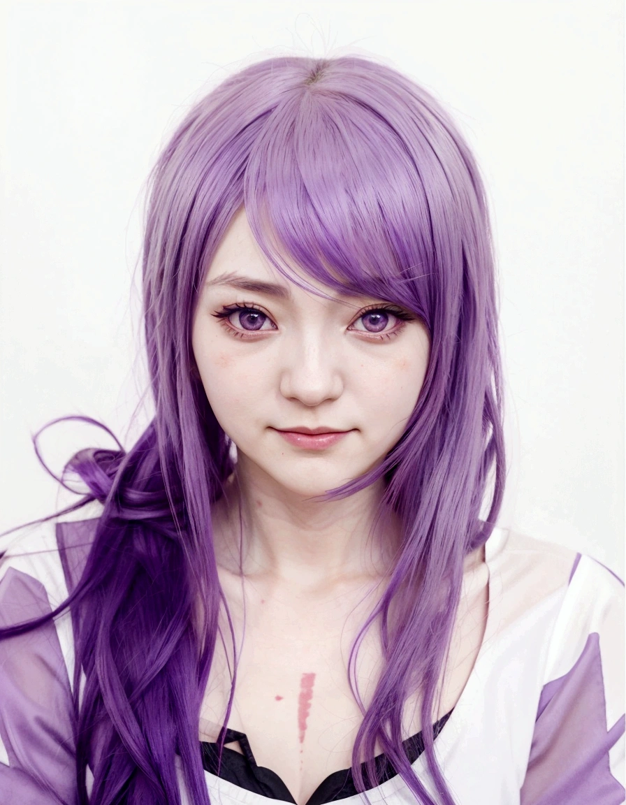 anime girl with purple hair and red eyes in a white shirt, juri misaki, ilya kuvshinov with long hair, she has purple hair, yayoi kasuma, rize kamishiro, rize kamishiro, rize kamishiro as a real person, [[[[grinning evily]]]], miura kentaro