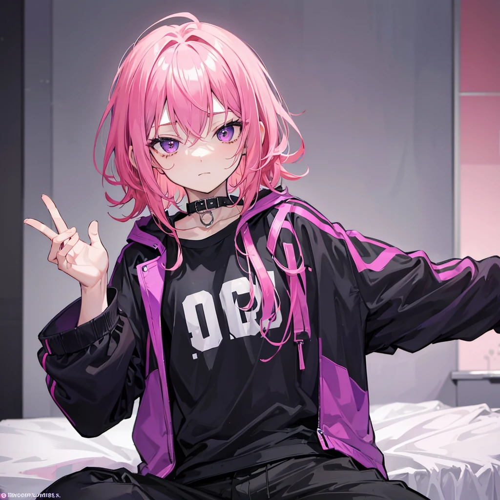 Saika have 14 years old,he is a boy, he has short striking pink hair that falls in soft waves around his face, complementing his vibrant purple eyes. His features are sharp and defined, with a youthful charm that is accentuated by his slender build. He often wears a stylish black jacket over a graphic t-shirt and jogging àd sometimes tight, completing his edgy and modern look, he is in his bedroom.
