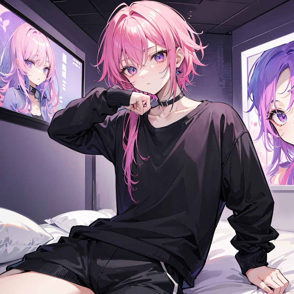 Saika have 14 years old,he is a boy, he has short striking pink hair that falls in soft waves around his face, complementing his vibrant purple eyes. His features are sharp and defined, with a youthful charm that is accentuated by his slender build. He often wears a stylish black jacket over a graphic t-shirt and jogging àd sometimes tight, completing his edgy and modern look, he is in his bedroom.