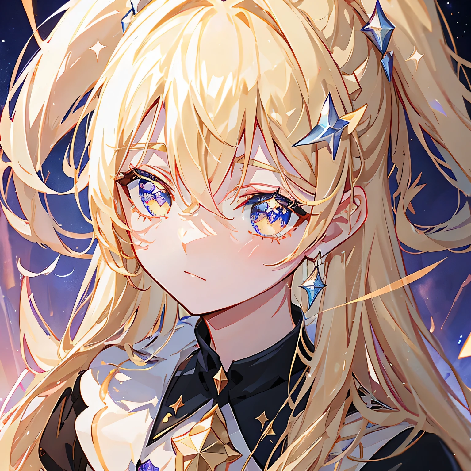 League of Legends character Gwen,League of Legends《Starwatch》row,Starry skyphone,upper body,professional illustration,anime style,Modern ta,Shooting stars streaked across the sky,A large number of platinum crystals.,glass texture,Beige-golden eyes,blond hair(curly double ponytail),Young and handsome,Diamond decoration,exquisite details,luxury clothes,High quality starlight particles,unreal engine rendering, 8 k, Super Detail, chedevr,A high resolution,strong light,Pupil details,symmetrical students,Highlighting a student,Sharpening parts,Dazzling light,background bokeh。