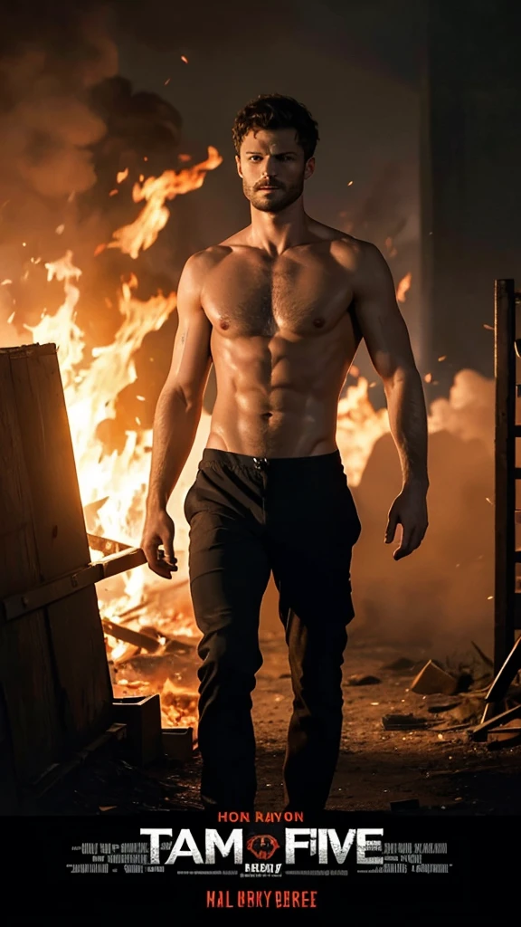 Jamie Dornan brutal hot body, with hairy pubic, movie poster concept, war and fire, after fight, scary and horror, angel concept