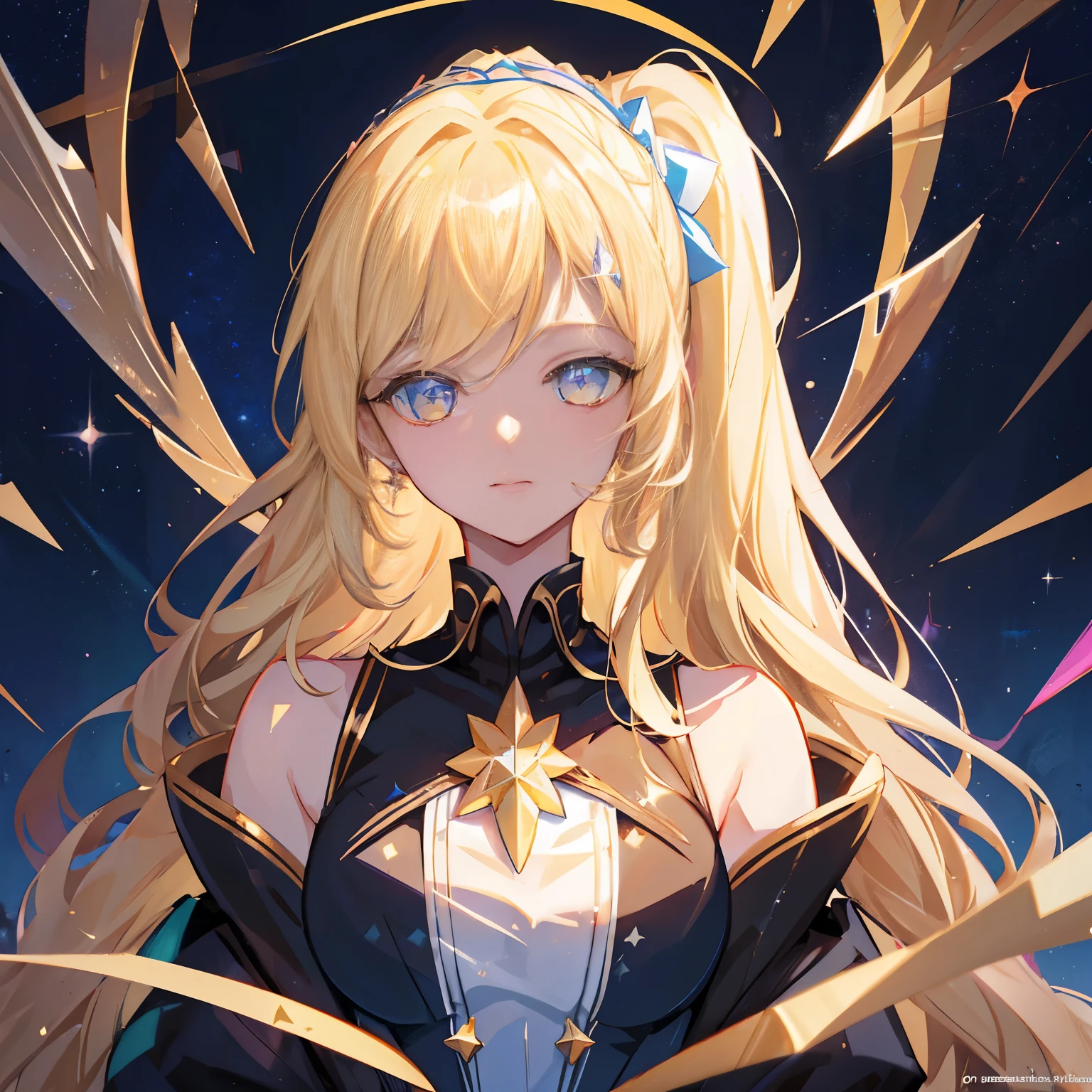 League of Legends character Gwen,League of Legends《Starwatch》row,Starry skyphone,upper body,professional illustration,anime style,Modern Lolita,Shooting stars streaked across the sky,A large number of platinum crystals.,glass texture,Beige-golden eyes,blond hair(curly double ponytail),Young and handsome,Diamond decoration,exquisite details,luxury clothes,High quality starlight particles,unreal engine rendering, 8 k, Super Detail, chedevr,A high resolution,strong light,Pupil details,symmetrical students,Highlighting a student,Sharpening parts,Dazzling light,background bokeh。