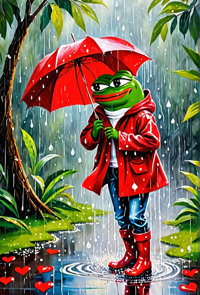 (((Pepe_frog)))
full-length Oil paint splatter Whimsical painterly fantasy artistic painting: cute anthropomorphic Frog, open mouth, big red eyes, sits on floor, red raincoat, wellies with white hearts on them, holds a matching umbrella. Hearts float in air. heavy rain. big water splashes. BKG rainforest. soft, ethereal, whimsical, dreamy atmosphere. magical, intuitive muted colors, soft brush strokes, adorable artwork, oil paint texture, glowing effects, fantasy elements. glittery feel