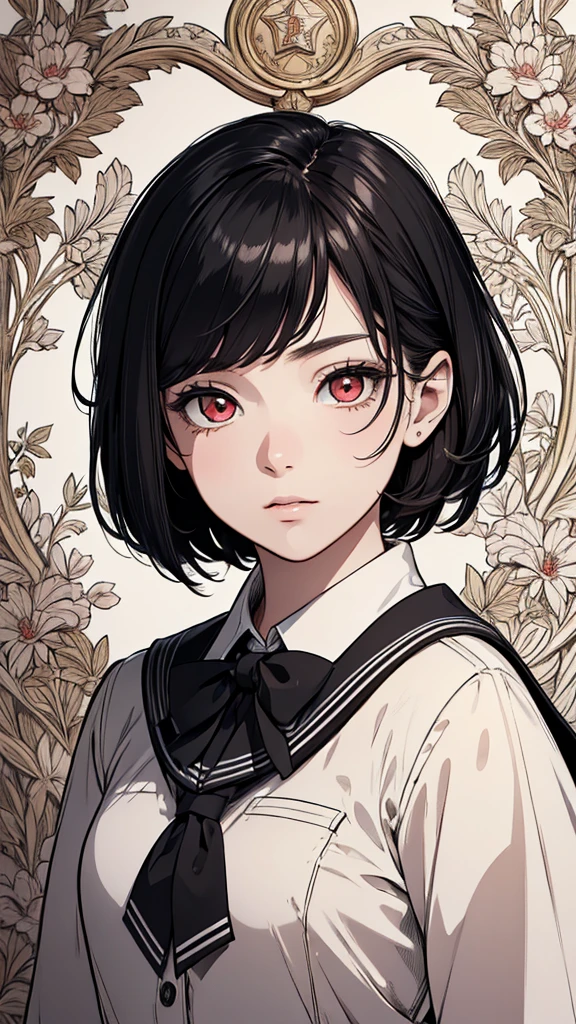 (hyperrealistic), (8K), (extremely detailed), (best illustration), (beautiful detailed eyes), (best quality), (ultra-detailed), (masterpiece), (wallpaper), (detailed face), solo, (school uniform:1.1), looking at the audience, exquisite details, short black hair, red eyes