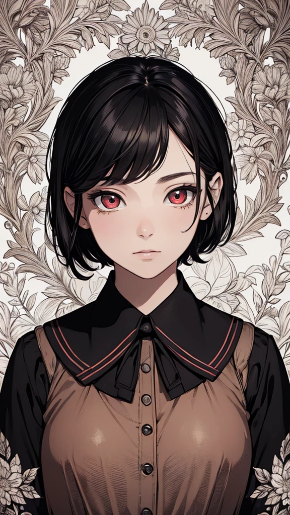 (hyperrealistic), (8K), (extremely detailed), (best illustration), (beautiful detailed eyes), (best quality), (ultra-detailed), (masterpiece), (wallpaper), (detailed face), solo, (school uniform:1.1), looking at the audience, exquisite details, short black hair, red eyes