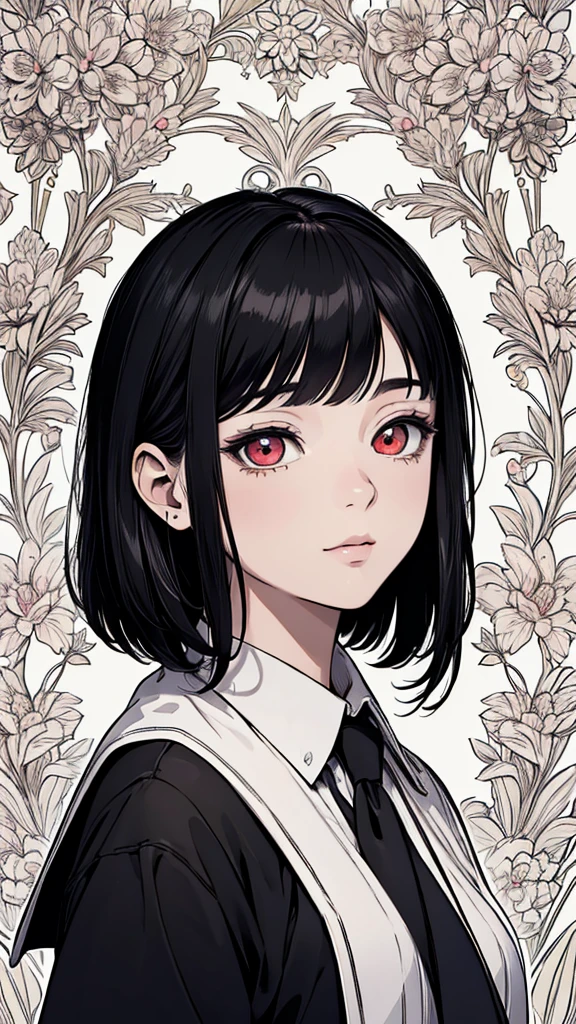 (hyperrealistic), (8K), (extremely detailed), (best illustration), (beautiful detailed eyes), (best quality), (ultra-detailed), (masterpiece), (wallpaper), (detailed face), solo, (school uniform:1.1), looking at the audience, exquisite details, short black hair, red eyes