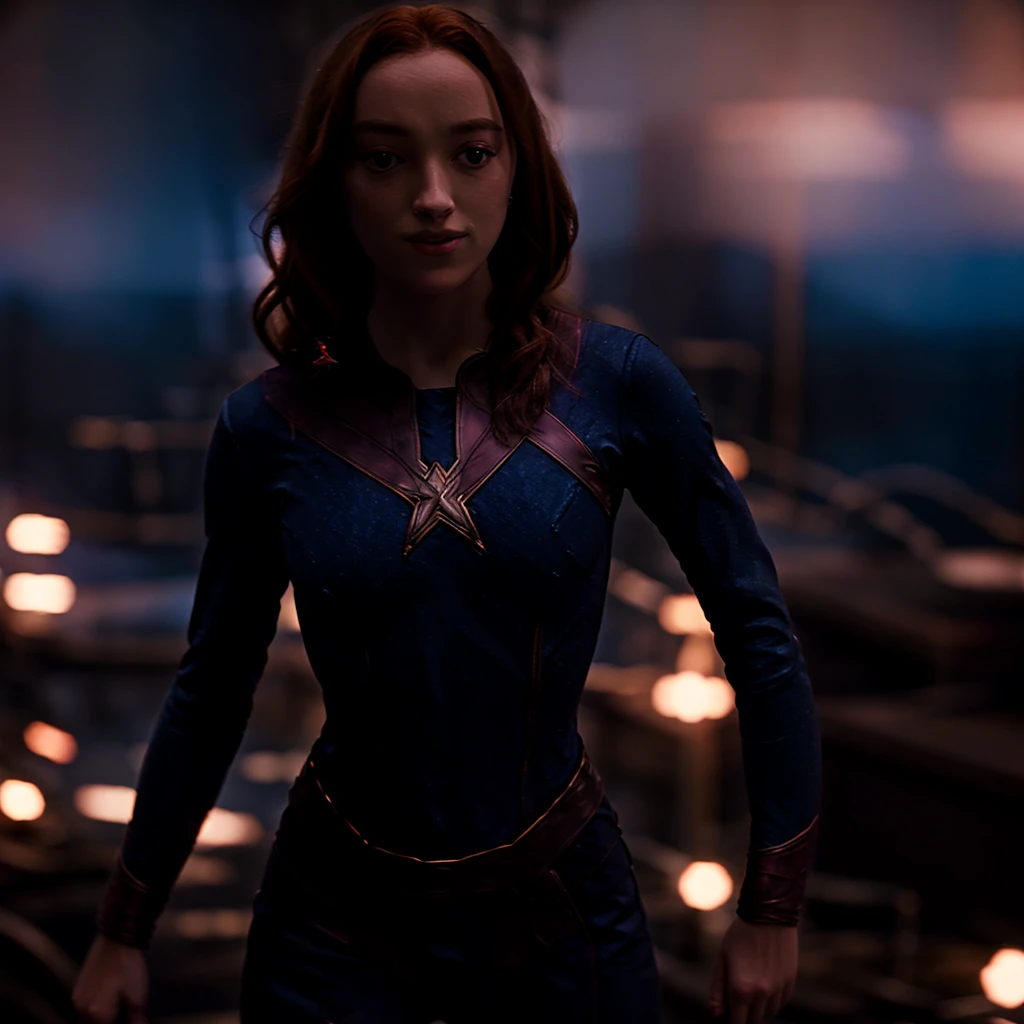 pho3be,wearing marvel girl jean grey costume,flying in blue the sky, red hair, long hair,cinematic,filmic,film grain,bokeh,volumetric fog,closeup,dimly lit