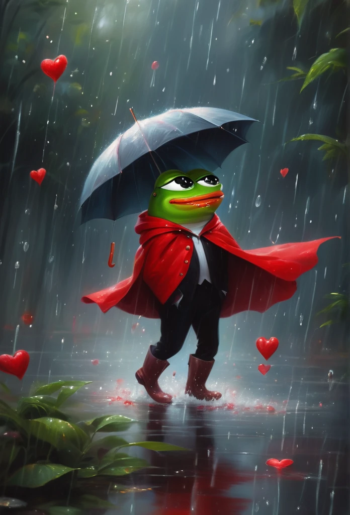 (((Pepe_frog)))
full-length Oil paint splatter Whimsical painterly fantasy artistic painting: cute anthropomorphic Frog, open mouth, big red eyes, sits on floor, red raincoat, wellies with white hearts on them, holds a matching umbrella. Hearts float in air. heavy rain. big water splashes. BKG rainforest. soft, ethereal, whimsical, dreamy atmosphere. magical, intuitive muted colors, soft brush strokes, adorable artwork, oil paint texture, glowing effects, fantasy elements. glittery feel
