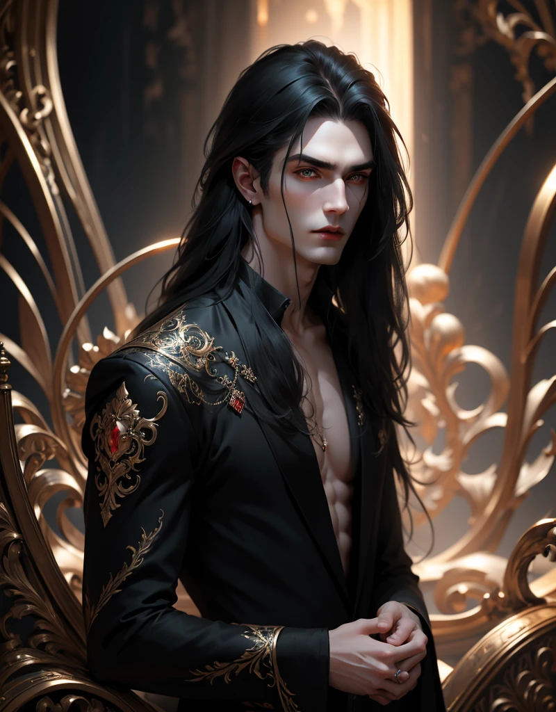 {anatomy}(Masterpiece - Ultra-detailed, very high resolution) Prepare to be enchanted by a true masterpiece that combines ultra-detailed art with high-resolution rendering. This work portrays a man with long black hair (1.3) and captivating golden eyes (1.2), emanating an aura of mystery in decadent settings. The intricate details and realistic textures invite you to explore every aspect of this enchanting composition. man in black clothes. Closed face. Red lips. white skin like a vampire.