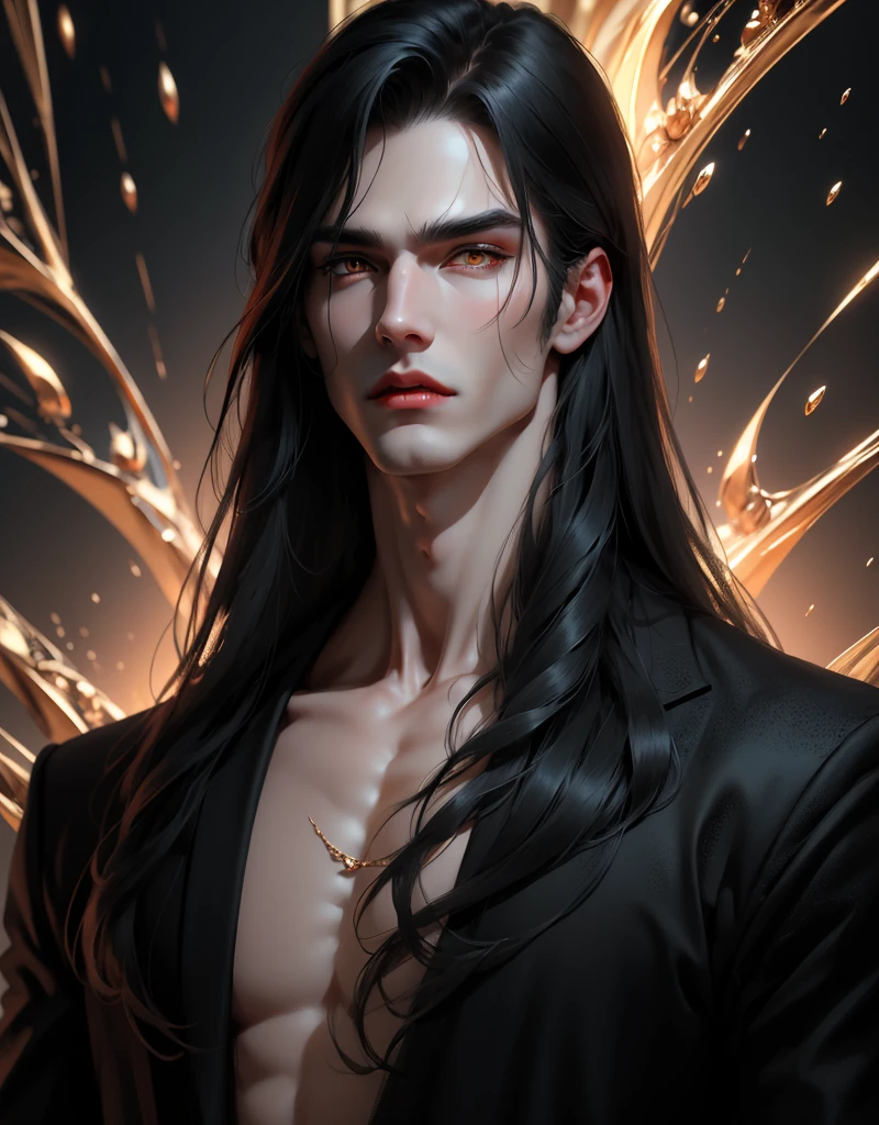 {anatomy}(Masterpiece - Ultra-detailed, very high resolution) Prepare to be enchanted by a true masterpiece that combines ultra-detailed art with high-resolution rendering. This work portrays a man with long black hair (1.3) and captivating golden eyes (1.2), emanating an aura of mystery in decadent settings. The intricate details and realistic textures invite you to explore every aspect of this enchanting composition. man in black clothes. Closed face. Red lips. white skin like a vampire.