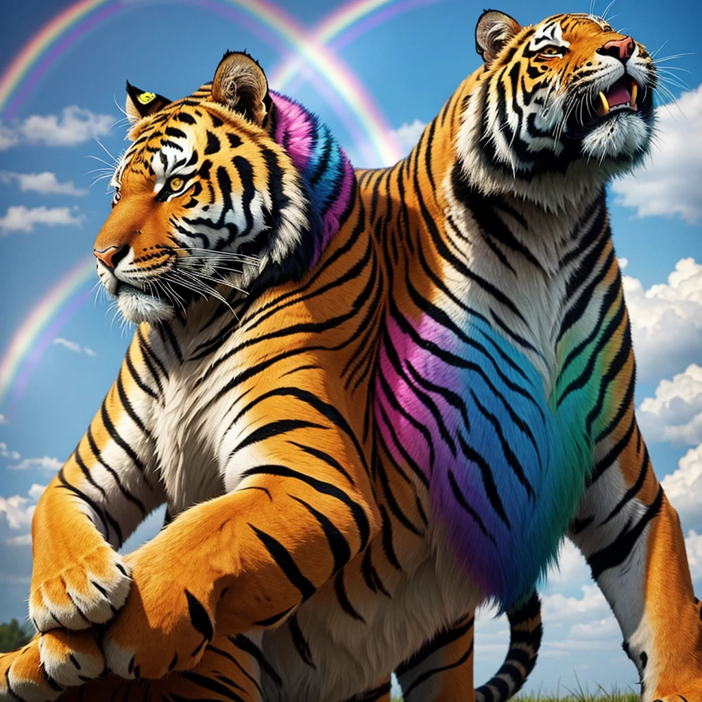A normal slim tiger with colorful rainbow fur