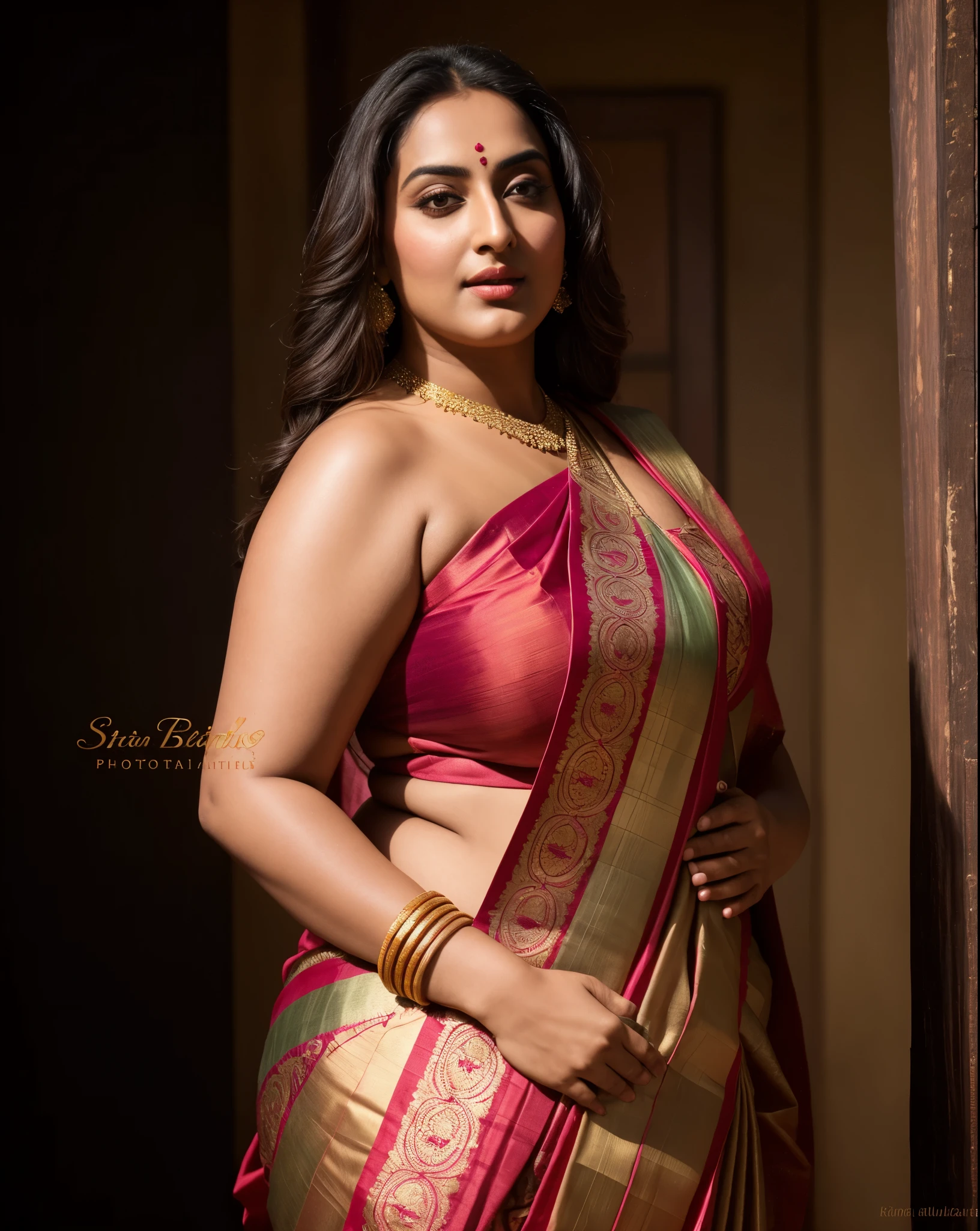 Foto RAW, photorealistic, photography, full body shot, master shot, perfect eyes, goddess like beauty, pierced eyes, perfect thick chubby mallu Desi aunty bhabhi, Full figured woman, juicy thick figure, bulky figure, curvy, fleshy curvy figure, voluptuous body, wide body, full figured aunty, Sexy navel folds, fleshy figure, heavy figure, Wearing a Stanapatta, a chest-band.Saree model, model Photography, Indian saree shoot, Indian traditional wear advertising photography, traditional wear brand shoot, face of Indian actress Sonakshi Sinha, masterpiece, realistic, realism, incredible details, pleasure, photorealism, detailed skin, skin pores, high contrast, photorealistic Artstation 8k HD digital art trend of high definition and detailed realistic skin texture, ultra detail, realistic skin texture, armature, best quality, ultra high definition, (photorealistic:1.4),, high resolution, detail, raw photo, sweat, Re sharp, by Lee Jefferies Nikon D850 Film Stock Photo 4 Kodak Portra 400 Camera F1.6 Lens Rich Color Ultra Real Realistic Realistic Textures Dramatic Lighting Unreal Engine Trending at Art Station Cinestill 800,(pele altamente detalhada: 1.2), 8k UHD, DSLR, soft-lighting, alta qualidade, grain of film, Fujifilm XT3,she didn't like to wear blouse or bra, She doesn't like to wear bra or blouse as it is against her traditional customs, wearing a Bra or blouse is against her forbidden in her tribes ritual, traditional no blouse saree, detailed hairy armpits, hyper realistic skin, skin pores, sweat, veins, juicy deep navel,