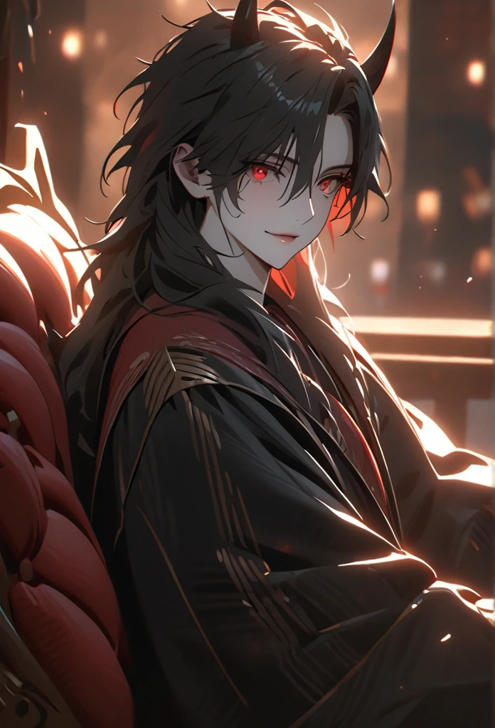 (solo), masculine, black hair, messy hair, mane hair, long hair, dense hair, wild hair, expressive hair, mature,(25 year old), pale skin, red eyes, ((man)), wearing a black robe, black demon horns,, Smiling, handsome, attractive, eye reflection, depth of field, thunder aura,cinematic lighting, ray tracing, depth of field, cinematic lighting, ray tracing, UHD, high details, best quality, highres, high quality, award winning, super detail, masterpiece, 8k, UHD, high details, best quality, highres, high quality, award winning, super detail, masterpiece, 8k, digital art, anime coloring, full body, body shot, good face, perfect face, detailed face, good eyes, sitting on a throne
