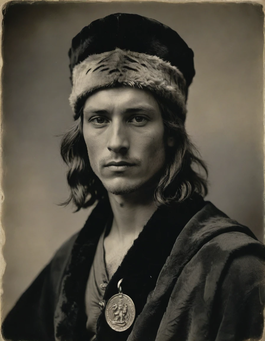 by Moebius, by Théodore Géricault, ((((Rough monochrome, daguerreotype on old paper,male focus)))), the composition is: (((a 20 year old male Russian brigand, sullen, muscular, facing viewer. He is wearing a tiger fur hat. He is wearing a black caftan with Praetorian elements, sashes, medals, lozenge shape pendants)))