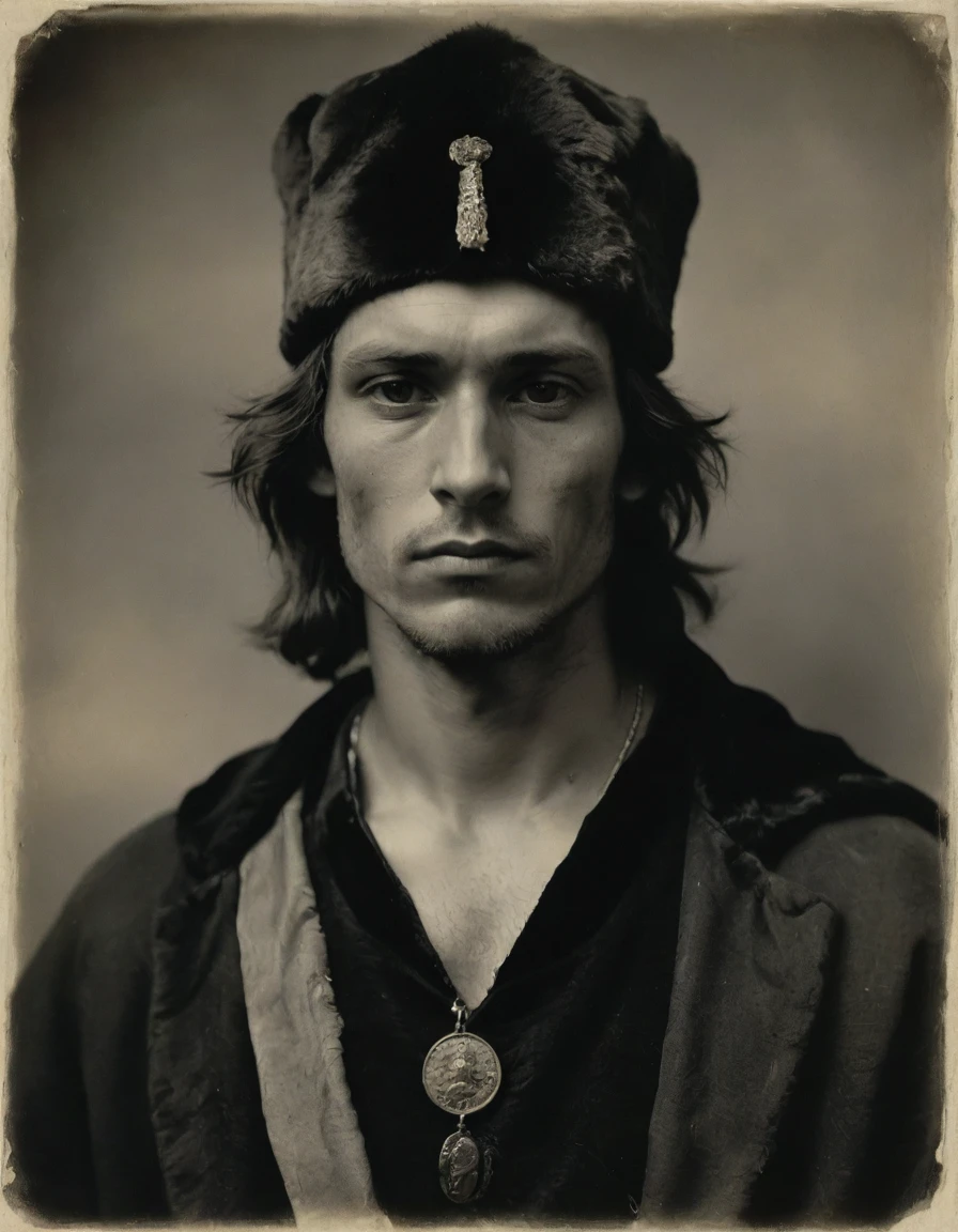 by Moebius, by Théodore Géricault, ((((Rough monochrome, daguerreotype on old paper,male focus)))), the composition is: (((a 20 year old male Russian brigand, sullen, muscular, facing viewer. He is wearing a tiger fur hat. He is wearing a black caftan with Praetorian elements, sashes, medals, lozenge shape pendants)))