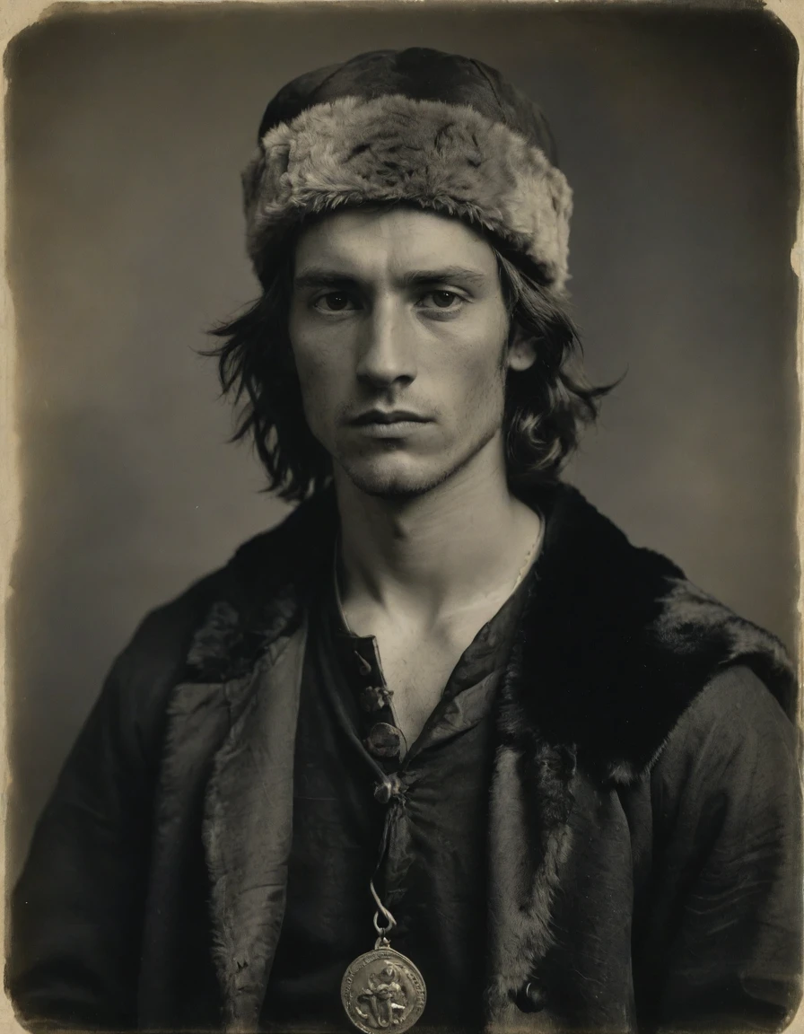 by Moebius, by Théodore Géricault, ((((Rough monochrome, daguerreotype on old paper,male focus)))), the composition is: (((a 20 year old male Russian brigand, sullen, muscular, facing viewer. He is wearing a tiger fur hat. He is wearing a black caftan with Praetorian elements, sashes, medals, lozenge shape pendants)))