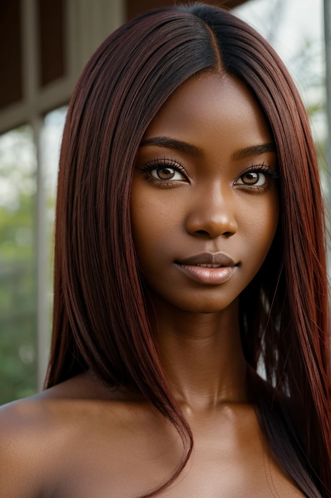 dark skin woman, straight hair, long, redhead with a white streak, brown and slightly large eyes, a mole on the right cheek, anime style profiled nose