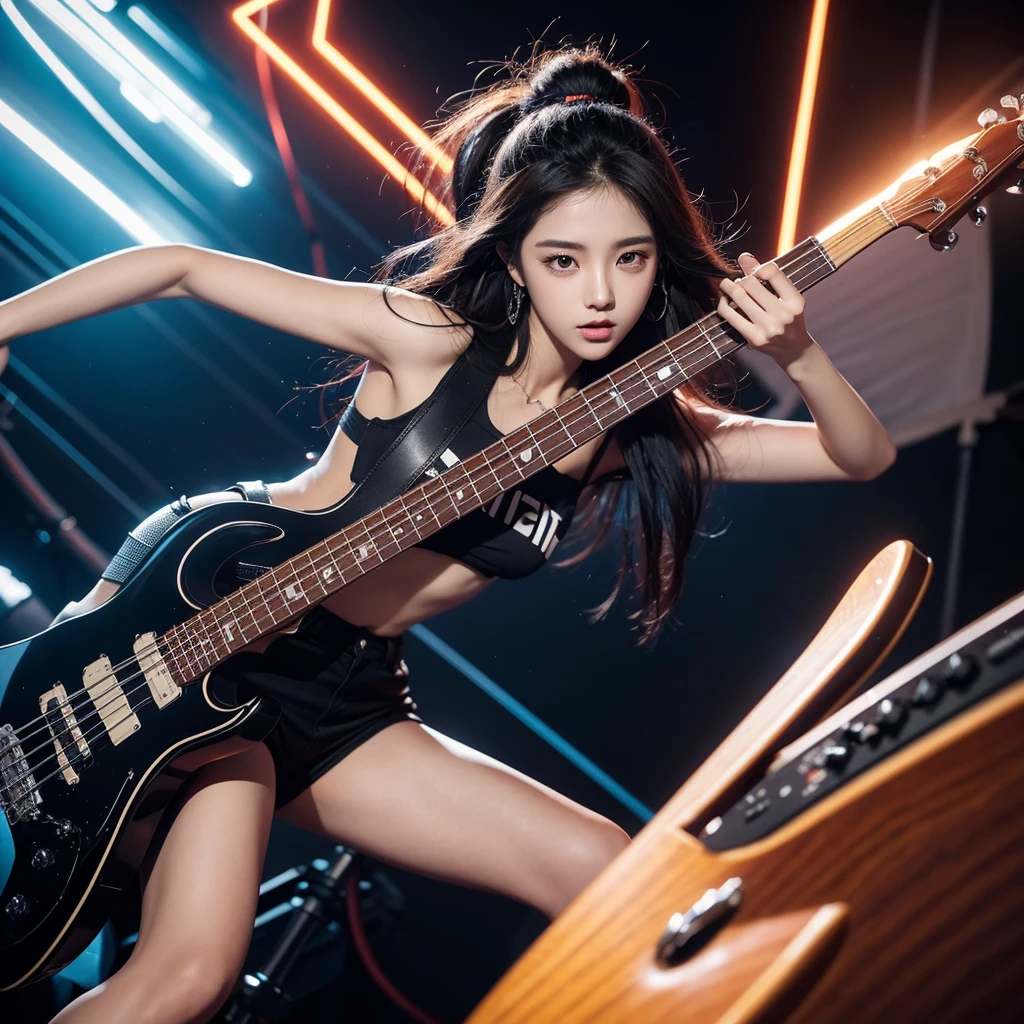 crie uma imagem baseada nessa descriçao: 🎵 Song Name: Blazing Hearts
🎵 Genre: K-pop
🎵 Tone: Energetic and Empowering
🎵 Instrument Selection: Synthesizer, Drums, Bass, Electric Guitar