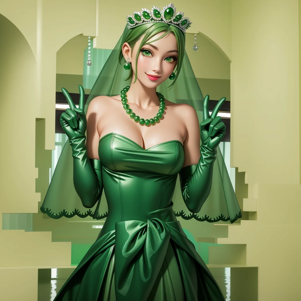 Emerald tiara, Green Pearl Necklace, ボーイッシュな非常に短いGreen Hair, Green Lips, Smiling Japanese woman, Very short hair, Busty beautiful lady, Green Eyes, Green satin long gloves, Green Eyes, Emerald Earrings, Green veil, Vsain, Green Hair, Beautiful Japanese Women, green lip gloss