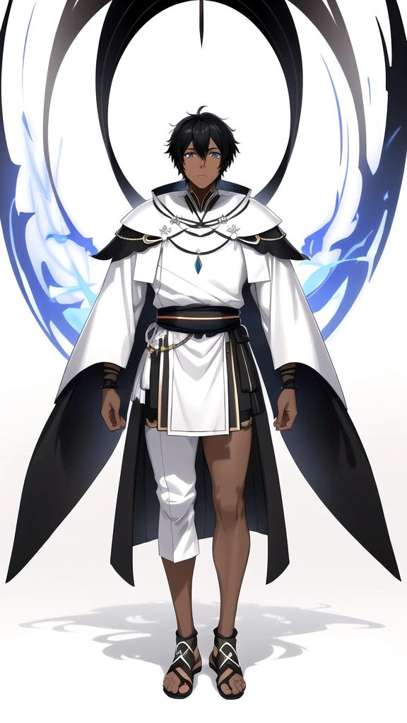 full body anime style portrait of a dark-skinned male wizard with short black hair and a few white strands, wearing tribal style outfits, against a minimalist white background, (best quality,4k,8k,highres), concept art style