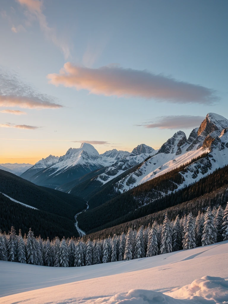 Nature, snowy mountains, winter sunset