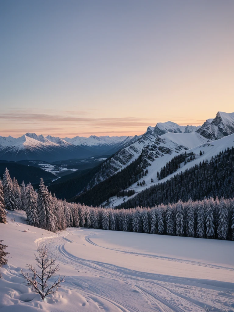 Nature, snowy mountains, winter sunset 