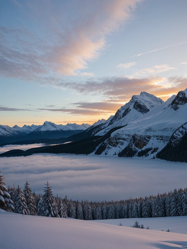 Nature, snowy mountains, winter sunset