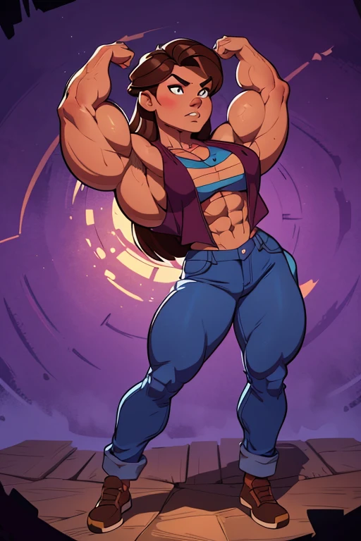 (masterpiece:1.2), (best quality), (ultra detailed), (8k, 4k, intricate),(full-body-shot:1), (highly detailed:1.2),(detailed face:1.2), (detailed background), muscle girl with High cheekbones and a strong jawlineflexing muscles wearing purple muscle shirt and light blue jeans, her hair a rich chestnut brown, giving her a dynamic and youthful appearance, muscle woman, big muscles, huge muscles, massive muscles, muscle girl, bronze skin, Her facial features are a mix of determination and kindness, with expressive eyes that radiate a sense of adventure