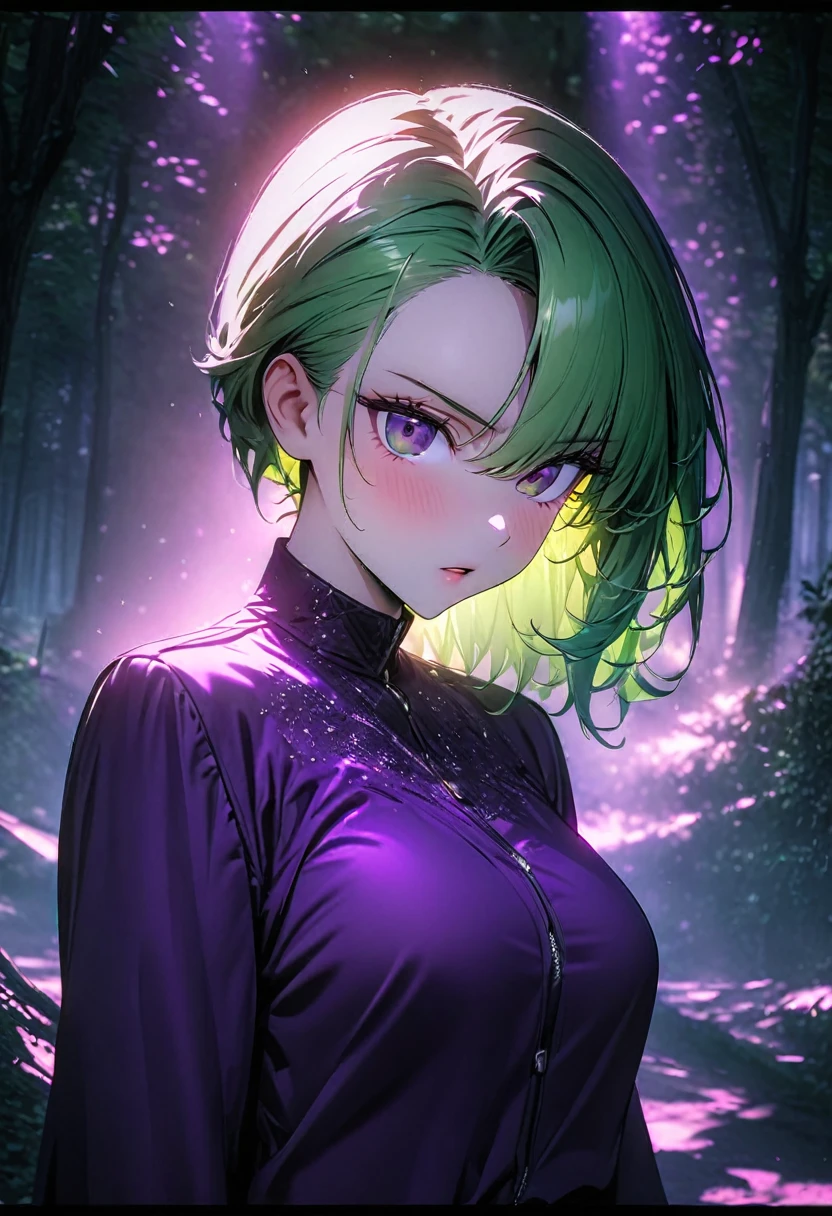 War of 867, 1 girl, One, (forest green hair:1.2), asymmetrical hairstyle, (purple clothes:1.2) masterpiece, Best quality, photovalid, valid, (original photo, 8k Ultra HD, Granularity), caustic, Subsurface scattering 