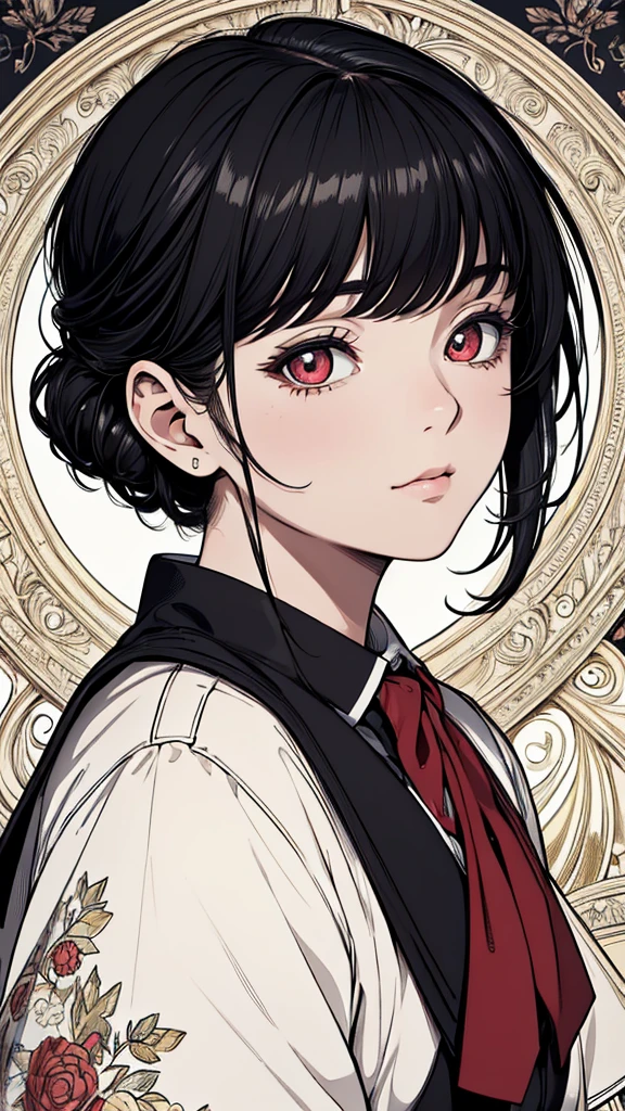 (hyperrealistic), (8K), (extremely detailed), (best illustration), (beautiful detailed eyes), (best quality), (ultra-detailed), (masterpiece), (wallpaper), (detailed face), solo, (school uniform:1.1), looking at the audience, exquisite details, short black hair, red eyes