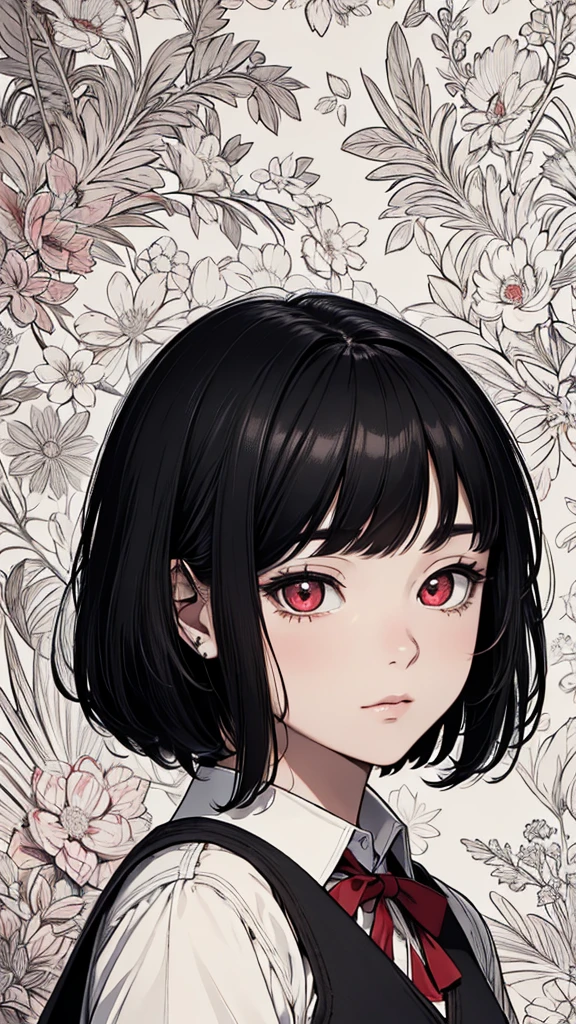 (hyperrealistic), (8K), (extremely detailed), (best illustration), (beautiful detailed eyes), (best quality), (ultra-detailed), (masterpiece), (wallpaper), (detailed face), solo, (school uniform:1.1), looking at the audience, exquisite details, short black hair, red eyes