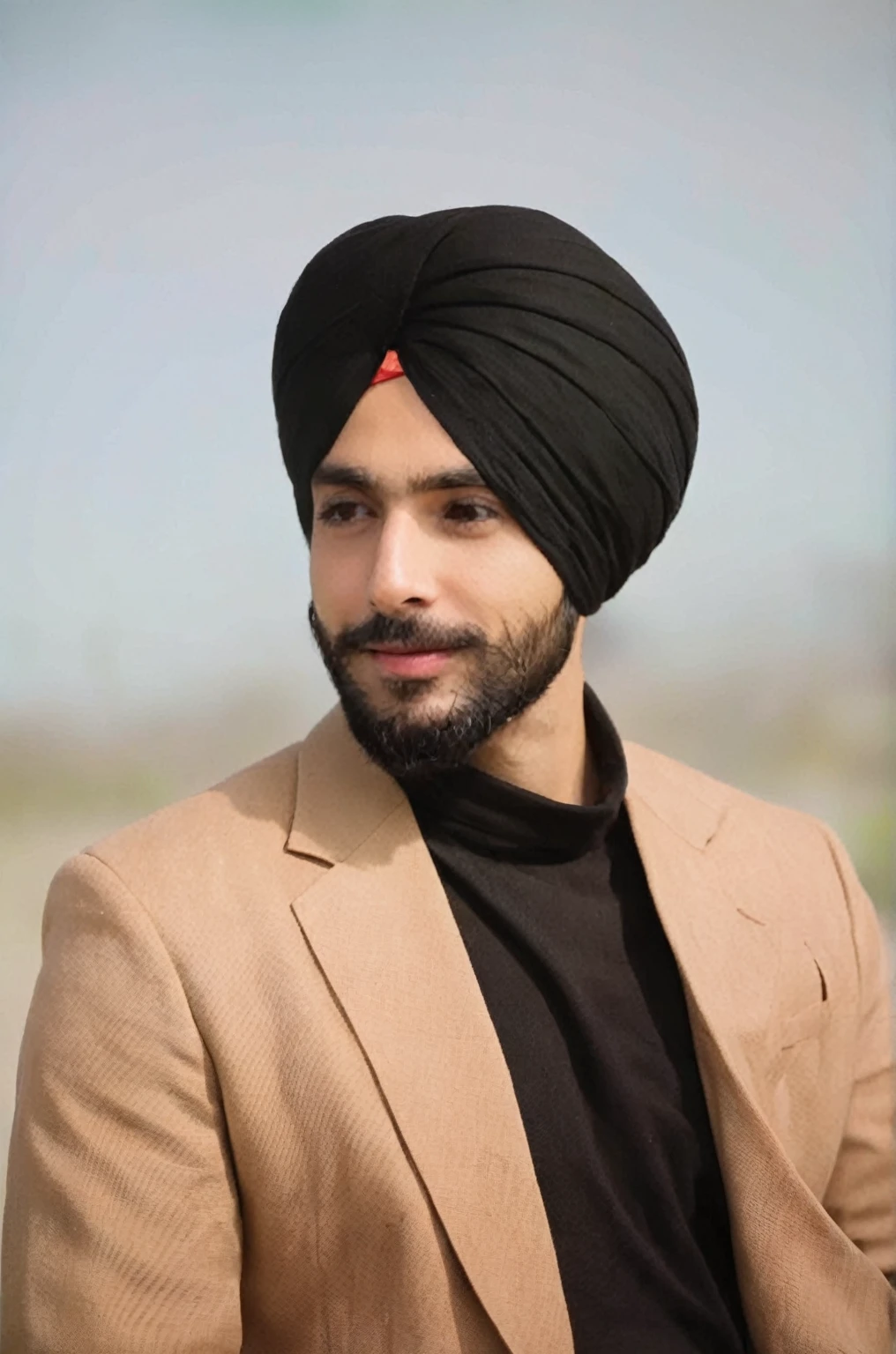 araff wearing a turban and a black shirt, turban, wearing a turban, by Manjit Bawa, inspired by Manjit Bawa, profile image, headshot profile picture, high quality portrait, inspired by Sardar Sobha Singh, portrait shot, accurate depiction, promotional picture, riyahd cassiem, close - up portrait shot, profile pic, eye - level view