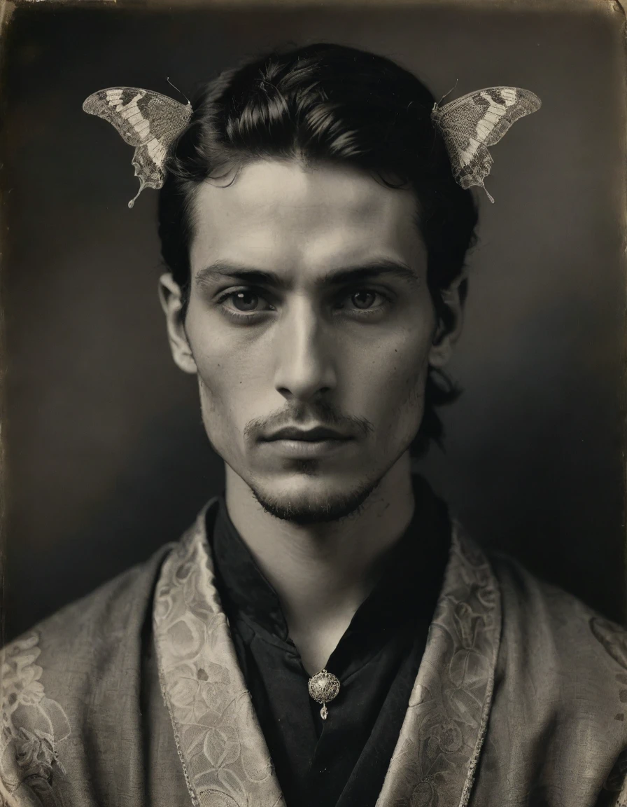 by Moebius, by Théodore Géricault, (((Rough monochrome, daguerreotype on old paper, male focus))), the composition is: (((((a 20 year old Italian male, dignified, facing viewer, snake eye pupils. Tattoos, His face is tattooed. He is wearing an embroidered silken robe with Mughal elements, sashes, moth medals, pauldrons, diamond shape symbology, moth symbology, jungle background, moth)))))
