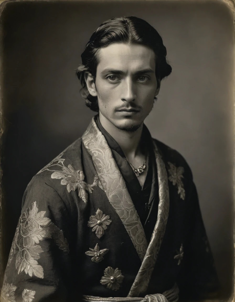 by Moebius, by Théodore Géricault, (((Rough monochrome, daguerreotype on old paper, male focus))), the composition is: (((((a 20 year old Italian male, dignified, facing viewer, snake eye pupils. Tattoos, His face is tattooed. He is wearing an embroidered silken robe with Mughal elements, sashes, moth medals, pauldrons, diamond shape symbology, moth symbology, jungle background, moth)))))